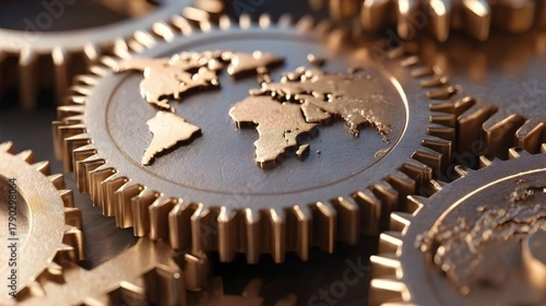 Obraz Interlocked Gears with Engraved Continents