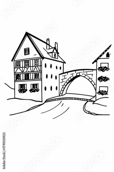 Fototapeta Minimilist illustration of a european town with a bridge connecting buildings with flower boxes on windowsills vector