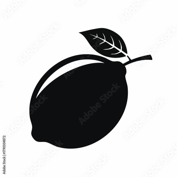 Fototapeta Black silhouette of a lemon with a leaf on a white background, simple graphic illustration.