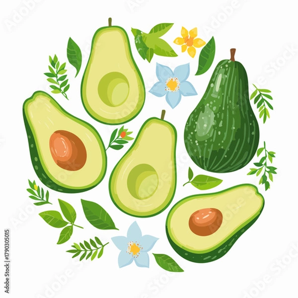 Fototapeta Illustration of avocados and leaves arranged with flowers on a white background in a flat lay composition with a natural mood.