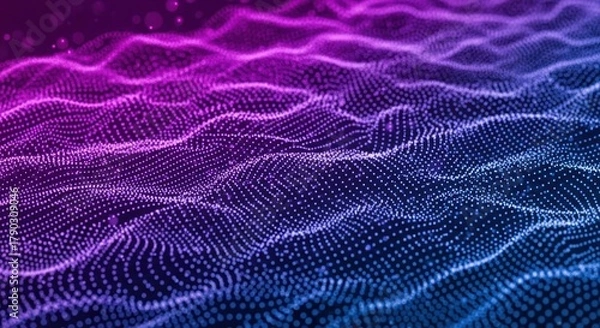 Obraz digital waves background. Purple and blue waves of neon glowing particles flowing with bokeh. Information technology