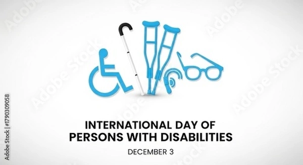 Fototapeta Blue disability symbols including wheelchair, crutches, cane, hearing aid, and glasses, representing inclusion and accessibility for International Day of Persons with Disabilities on December 3