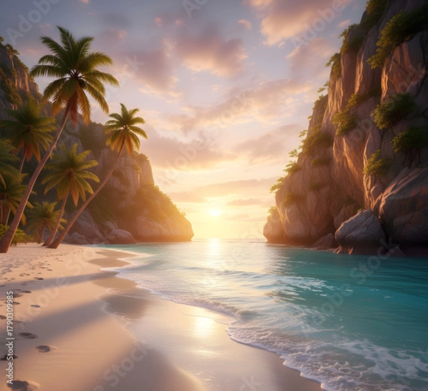 Fototapeta Tropical Sunset Beach Cove with Palm Trees and Dramatic Cliffs
