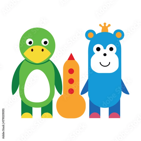 Fototapeta Colorful, cartoonish icons of a hippo, a penguin, a giraffe, and a monkey, all on a white background.