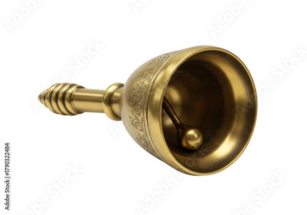 Fototapeta Isolated brass handbell with detailed engravings, decorative handle and clapper, elegant