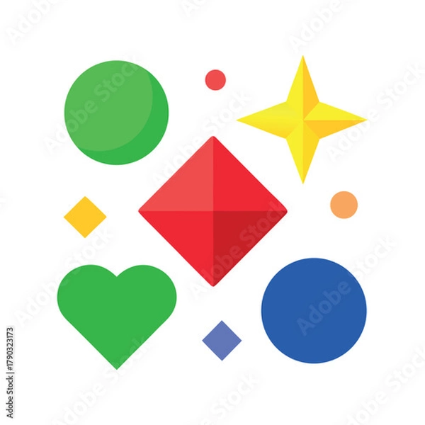 Fototapeta Colorful, cartoonish icons of a yellow star, a red heart, a blue diamond, and a green triangle, all on a white background.