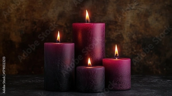 Fototapeta Four lit plum candles with flickering flames on dark textured surface