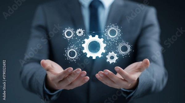 Fototapeta Mão de executivo sustenta engrenagens tecnológicas conectadas, representando processos automatizados, inovação empresarial e eficiência estratégica em ambientes modernos