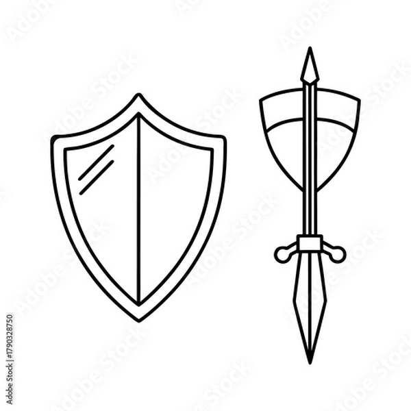 Fototapeta Line art icons of a bow and arrow, a shield, a sword, and a helmet, on a white background.