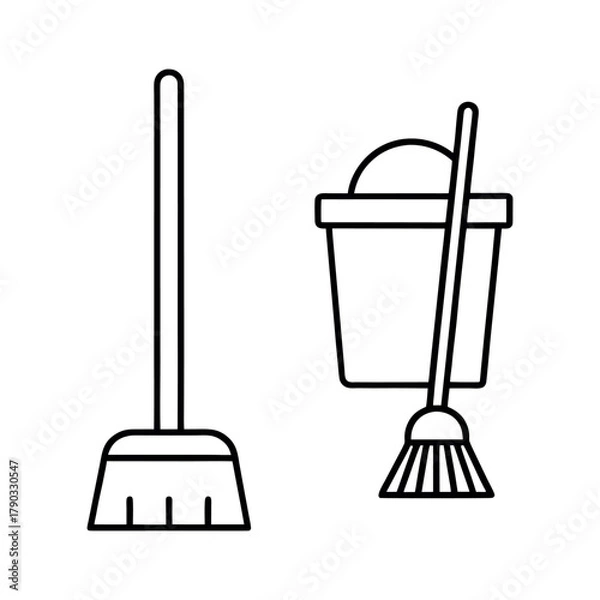 Fototapeta Line art icons of a bucket, a broom, a mop, and a vacuum cleaner, on a white background.