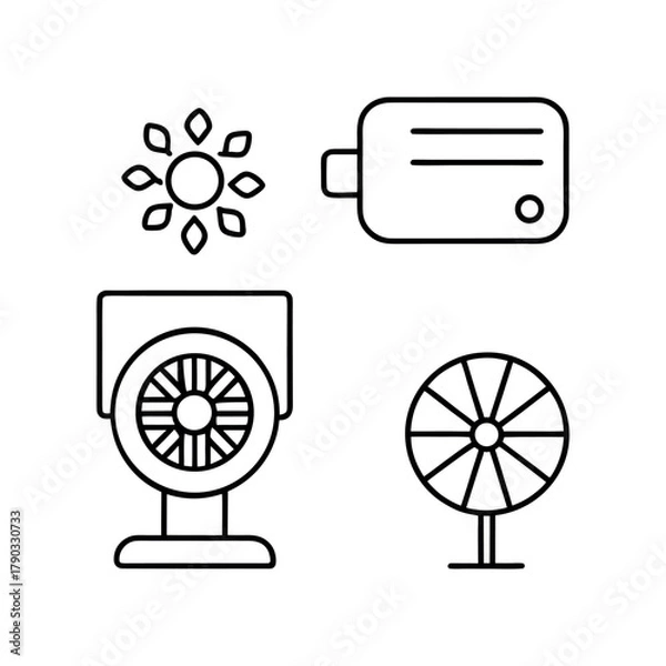 Fototapeta Line art icons of a fan, an AC unit, a room heater, and a window, on a white background.