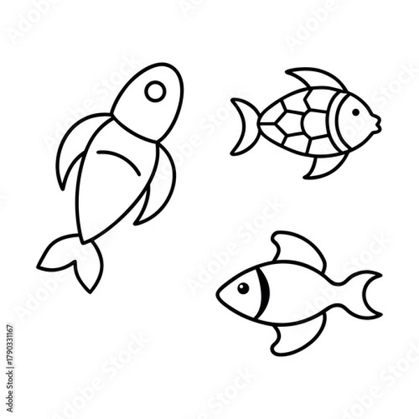 Fototapeta Line art icons of a fish, a turtle, an octopus, and a dolphin, on a white background.