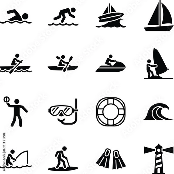 Fototapeta A comprehensive collection of black and white icons depicting various water sports, leisure activities, and related objects.