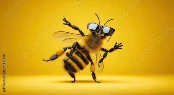 Obraz A funny honey bee wear sunglasses isolated on yellow background