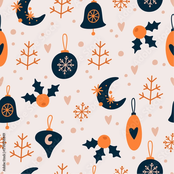 Obraz Seamless pattern with Christmas tree decorations and snowflakes.