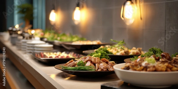 Fototapeta Buffet spread with plated roasted chicken, vegetables and salads under warm wall lights, inviting atmosphere and elegant catering presentation