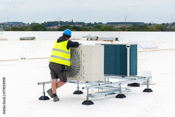 Fototapeta Air conditioning technician inspecting an HVAC system on a rooftop , checking equipment performance and taking maintenance measurements.
