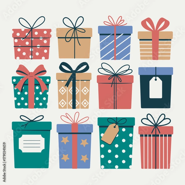 Fototapeta Set of colorful vector gift boxes with ribbons and bows for holidays and celebrations