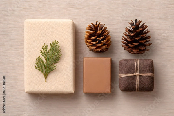 Fototapeta Festive arrangement of beautifully wrapped gifts with natural decorative elements. Featuring presents with textured wrapping paper and pine cones 