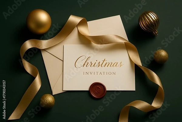 Fototapeta Elegant Christmas card and envelope mockup with silk ribbon, wax seal, and gold ornaments on dark green background in soft glow.
