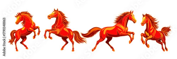 Fototapeta Bright Fire Horse in a dynamic pose. Symbol of Chinese New Year 2026. Red, orange and yellow Horse standing on its hind legs. Design element for cards, postcards, invitations, calendar for 2026