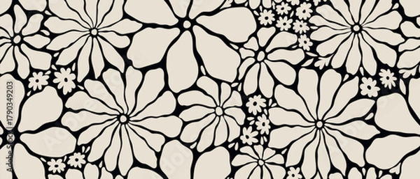 Fototapeta Leaves branch and Hand Drawn doodle Scribble floral plants banner, seamless pattern. Creative minimalist Abstract art background. Design wall decoration, postcard, poster and brochure