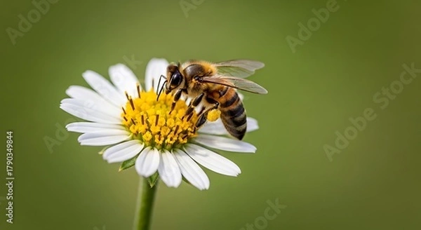 Fototapeta A bee collecting nectar from a white daisy flower in a garden.