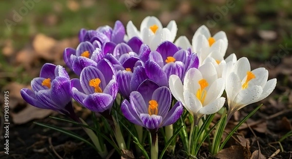 Fototapeta A cluster of purple and white crocuses blooming in the spring.