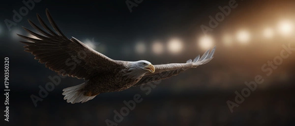 Obraz Majestic bald eagle flying with power and freedom in stadium at night. powerful bird of prey soaring under bright sport event lights