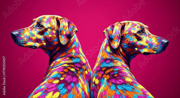 Obraz Two loving dogs in their unique fashion style, ready for Valentine’s Day, their bodies covered in colorful hearts. Stock Illustration | Adobe Stock