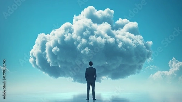 Obraz A businessman stands facing a large cloud in the sky, symbolizing cloud computing and data storage