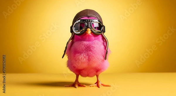 Obraz A pink chick wearing vintage aviator goggles and a pilot cap stands against a flat background, embodying a bold spirit of adventure and self-expression, Surreal Vintage Fashion Portrait