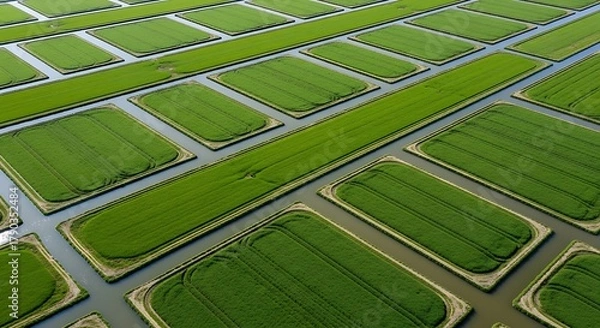 Fototapeta Aerial View of Lush Green Rice Paddies in a Grid Pattern.