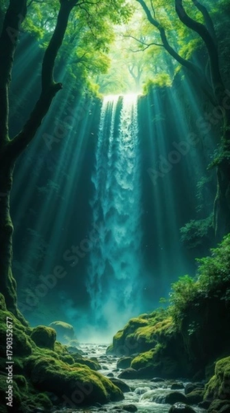 Fototapeta A majestic waterfall in a lush forest with dramatic sunbeams shining from above