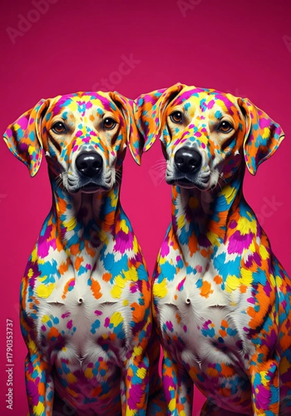 Obraz Two loving dogs in their unique fashion style, ready for Valentine’s Day, their bodies covered in colorful hearts. Stock Illustration | Adobe Stock