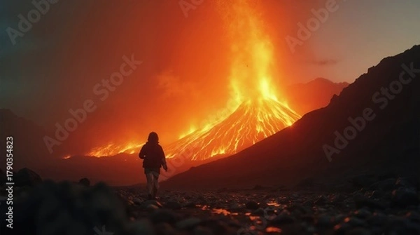 Obraz A person stands on rocky terrain, observing a volcanic eruption. The volcano emits bright orange lava and smoke against a dark sky.