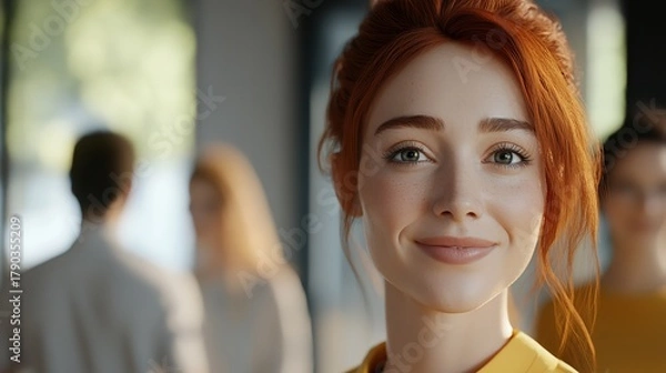 Obraz Portrait of a smiling young redhead woman in a modern office with colleagues in background