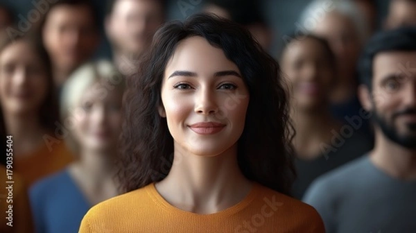 Obraz Portrait of a smiling young woman in a diverse group of people looking at the camera