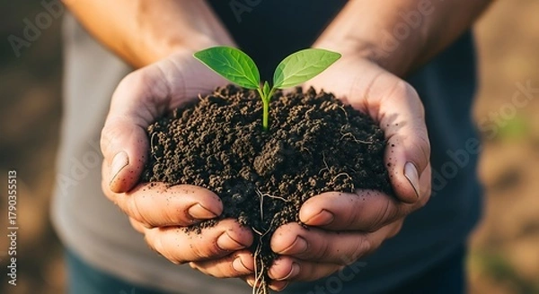 Fototapeta Hands holding fertile soil with a young plant seedling, symbolizing growth and new beginnings in agriculture and nature conservation efforts.