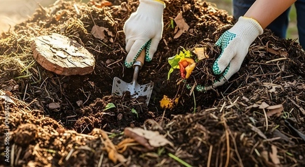 Fototapeta Hands in Compost Pile Turning Organic Matter for Garden Fertilization.