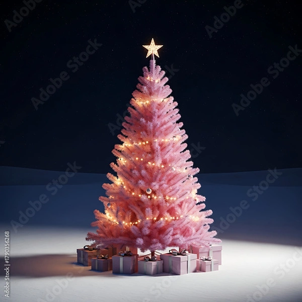 Obraz A pink Christmas tree with snow gently falling on it at night, set against a dark background. Charming Retro Romance & Joyful Celebrations