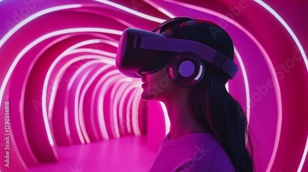 Obraz Young woman immersed in virtual reality experience with vr headset and headphones in neon tunnel