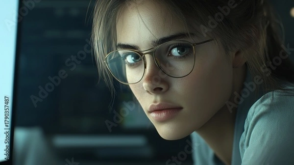 Obraz Close up of a young woman with glasses looking intently at a computer screen in office