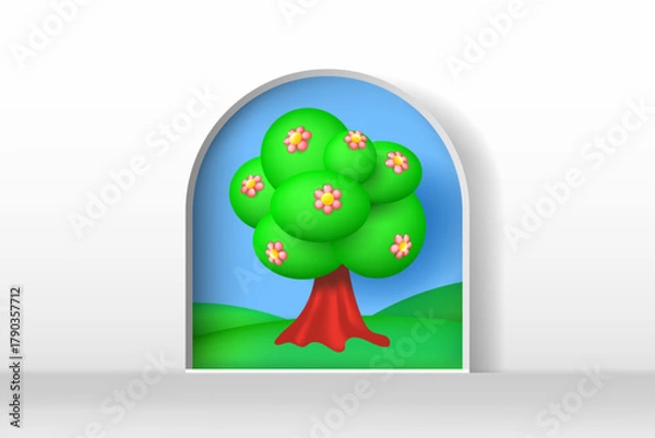 Fototapeta Arched entrance overlooking green hills and a large blossom tree