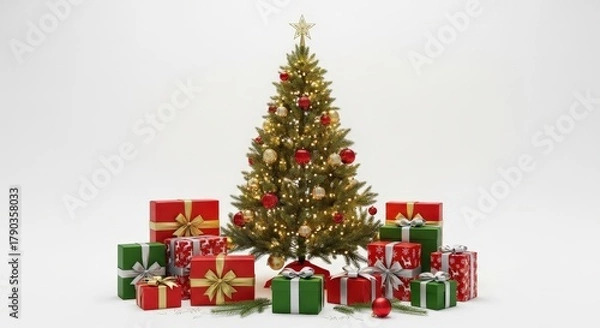 Obraz Festive Christmas Tree Surrounded by Colorful Wrapped Gifts and Sparkling Lights in Studio