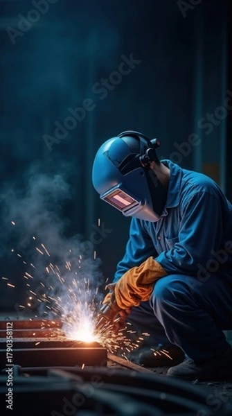 Fototapeta A man in a blue jumpsuit and welding helmet works on metal, creating sparks in a dimly lit industrial setting.