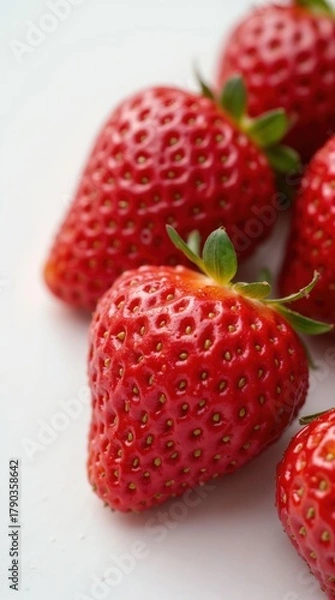 Fototapeta Fresh red strawberries arranged on a white surface. The berries are ripe, juicy, and have green leaves attached, showcasing their vibrant color and texture.