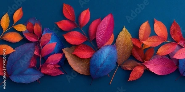 Fototapeta A vibrant array of colorful autumn leaves arranged on a deep blue background creating a vivid border