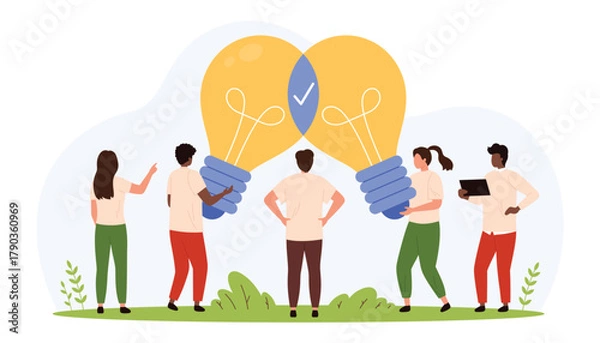 Obraz Group of diverse people sharing ideas and working together with large overlapping light bulbs symbolizing teamwork, innovation, brainstorming, and creative thinking isolated vector illustration