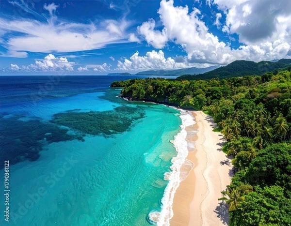 Obraz Caribbean Coastline Aerial View of Tropical Beach with Turquoise Water and Lush Green Vegetation in Dominican Republic with Cloudy Blue Sky